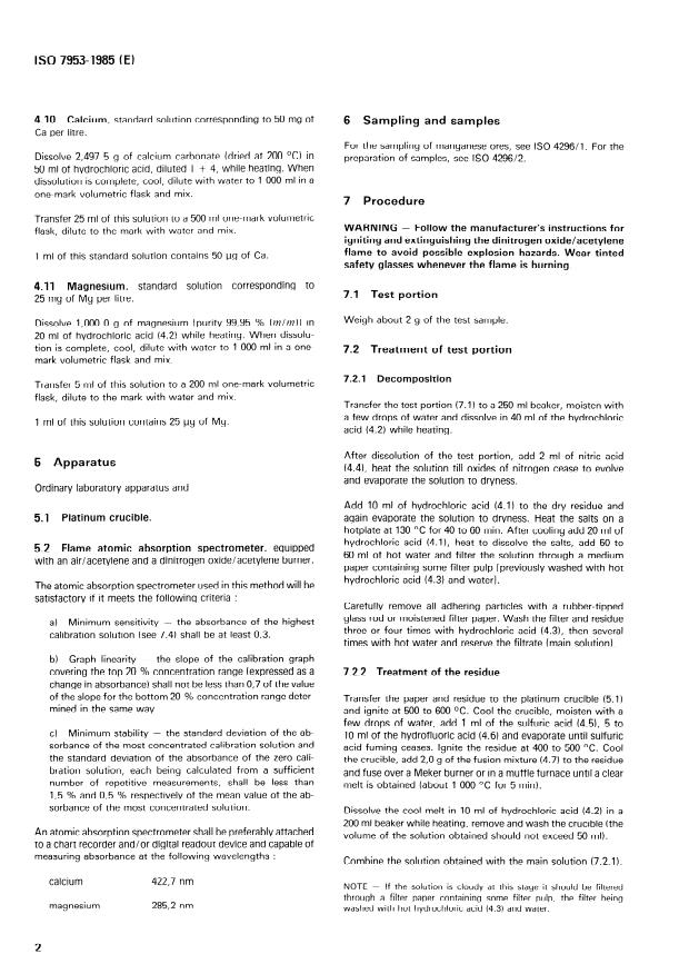 ISO 7953:1985 ISO 7953:1985 - Manganese ores and concentrates -- Determination of calcium and magnesium contents -- Flame atomic absorption spectrometric method - Page 4 preview