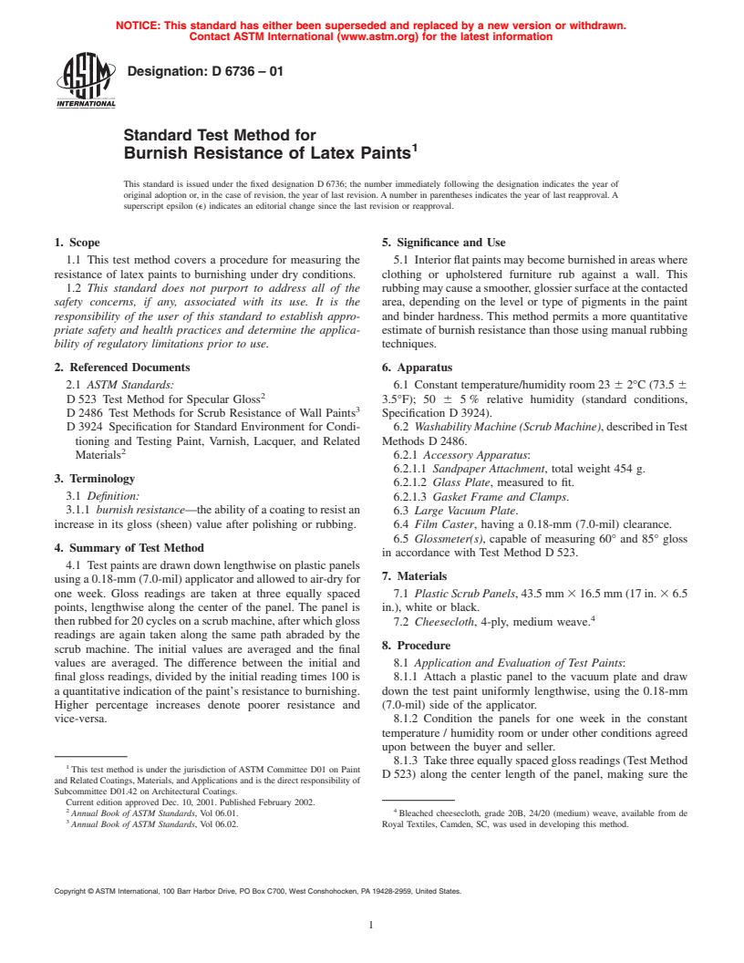 ASTM D6736-01 - Standard Test Method for Burnish Resistance of Latex Paints