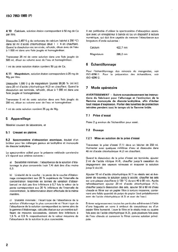 ISO 7953:1985 ISO 7953:1985 - Minerais et concentrés de manganese -- Dosages du calcium et du magnésium -- Méthode par spectrométrie d'absorption atomique dans la flamme - Page 4 preview