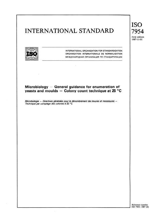 ISO 7954:1987 - Microbiology -- General guidance for enumeration of yeasts and moulds -- Colony count technique at 25 degrees C