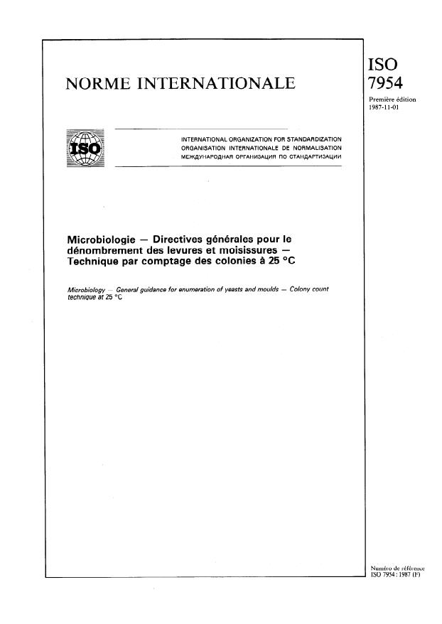 ISO 7954:1987 - Microbiologie -- Directives générales pour le dénombrement des levures et moisissures -- Technique par comptage des colonies a 25 degrés C