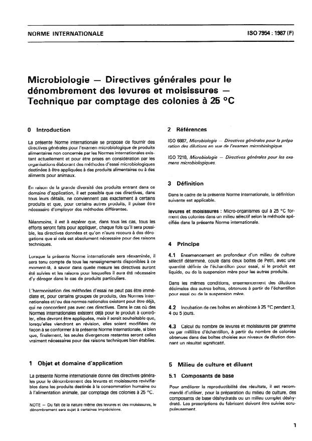 ISO 7954:1987 - Microbiologie -- Directives générales pour le dénombrement des levures et moisissures -- Technique par comptage des colonies a 25 degrés C