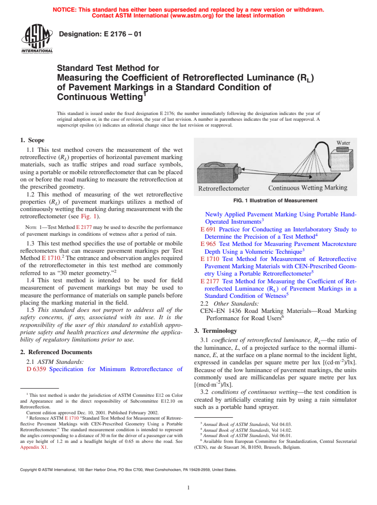 ASTM E2176-01 - Standard Test Method for Measuring the Coefficient of Retroreflected Luminance (R<sub>L</sub>) of Pavement Markings in a Standard Condition of Continuous Wetting