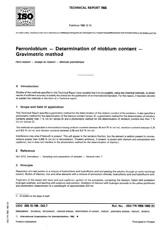 ISO/TR 7955:1982 - Ferroniobium -- Determination of niobium content -- Gravimetric method