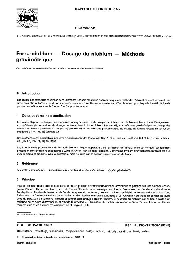 ISO/TR 7955:1982 - Ferro-niobium -- Dosage du niobium -- Méthode gravimétrique