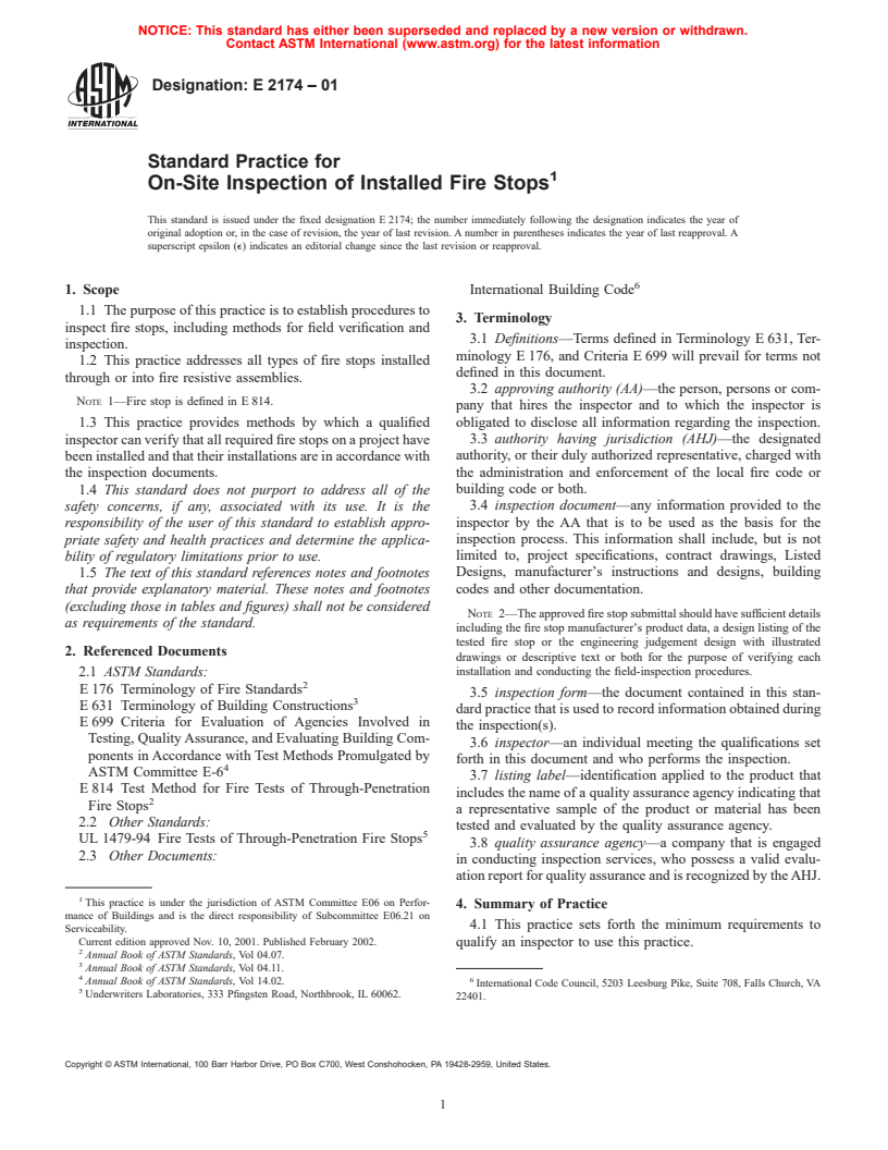 ASTM E2174-01 - Standard Practice for On-Site Inspection of Installed Fire Stops