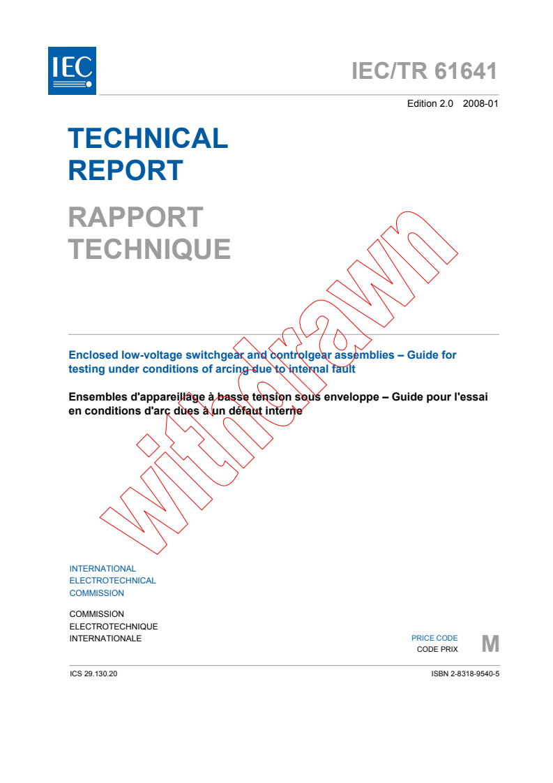 IEC TR 61641:2008 - Enclosed low-voltage switchgear and controlgear assemblies - Guide for testing under conditions of arcing due to internal fault
Released:1/30/2008
Isbn:2831895405
