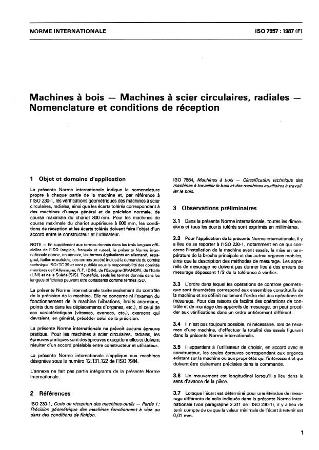 ISO 7957:1987 - Machines a bois -- Machines a scier circulaires, radiales -- Nomenclature et conditions de réception