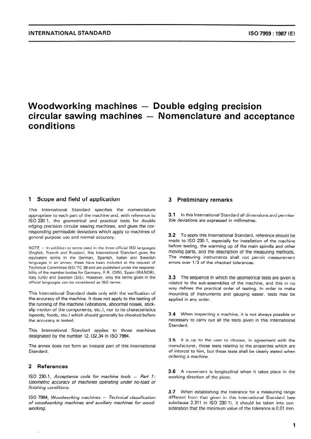 ISO 7959:1987 - Woodworking machines -- Double edging precision circular sawing machines -- Nomenclature and acceptance conditions