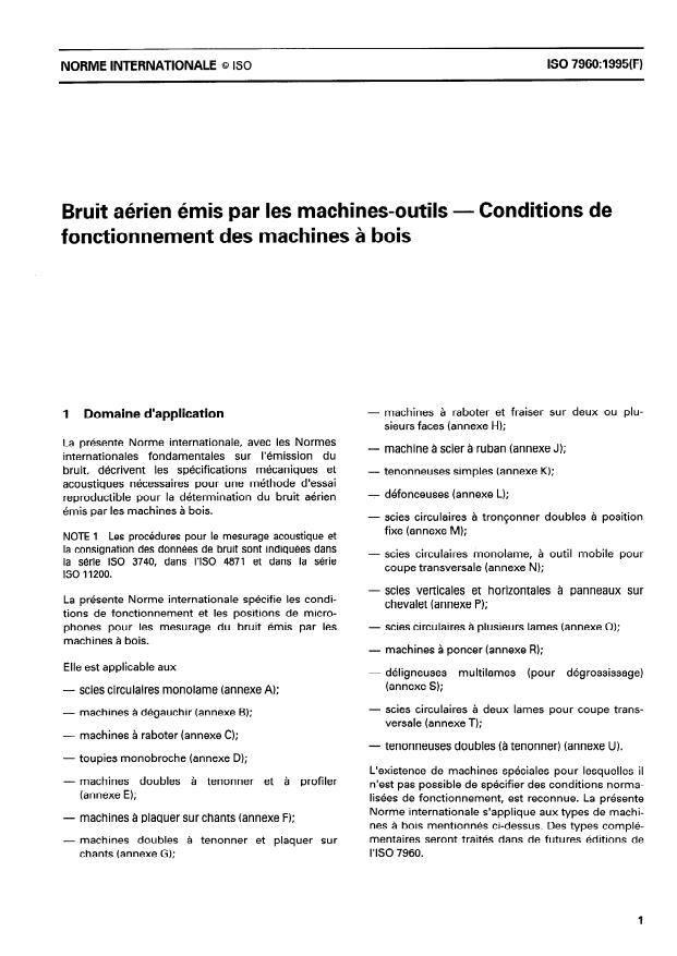 ISO 7960:1995 - Bruit aérien émis par les machines-outils -- Conditions de fonctionnement des machines a bois