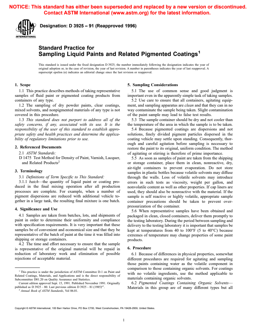 ASTM D3925-91(1996) - Standard Practice for Sampling Liquid Paints and Related Pigmented Coatings