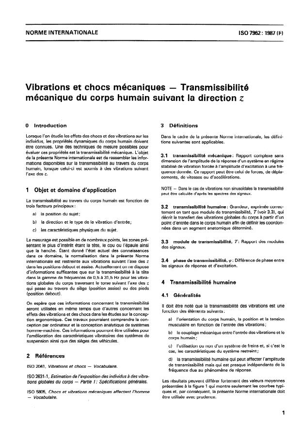 ISO 7962:1987 - Vibrations et chocs mécaniques -- Transmissibilité mécanique du corps humain suivant la direction z