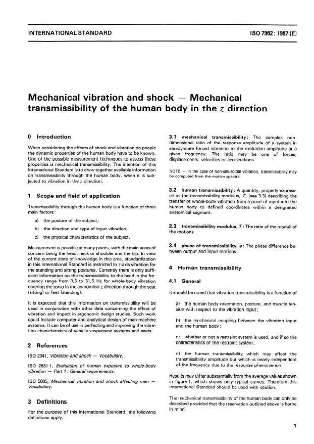 ISO 7962:1987 - Mechanical vibration and shock -- Mechanical transmissibility of the human body in the z direction
