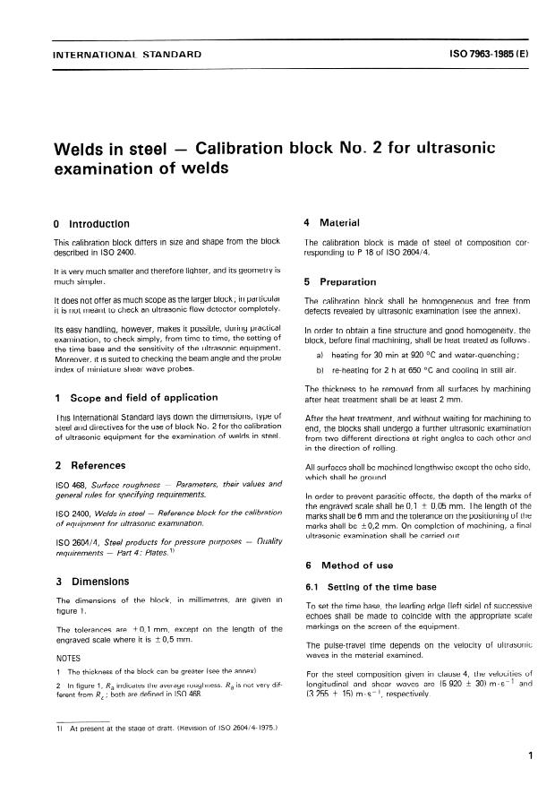ISO 7963:1985 - Welds in steel -- Calibration block No. 2 for ultrasonic examination of welds