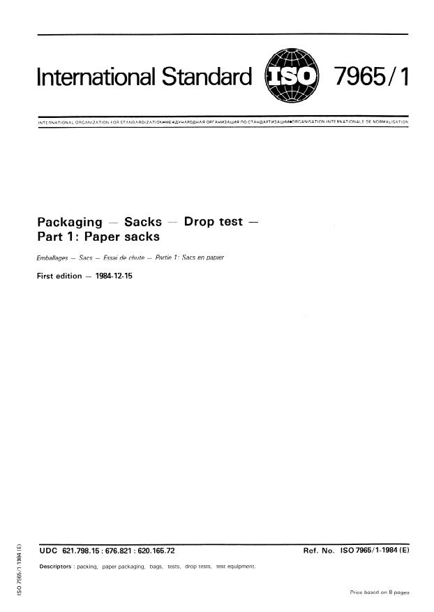 ISO 7965-1:1984 - Packaging -- Sacks -- Drop test