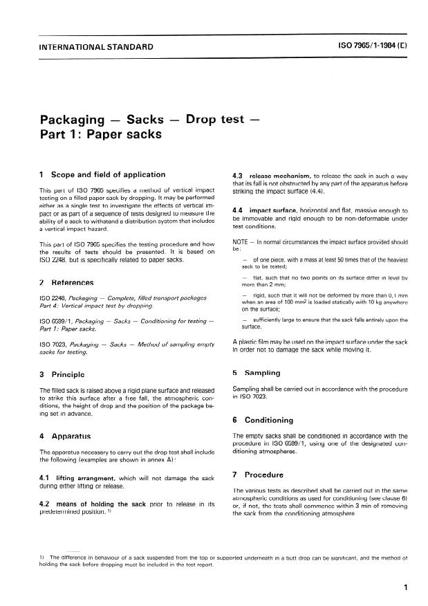ISO 7965-1:1984 - Packaging -- Sacks -- Drop test