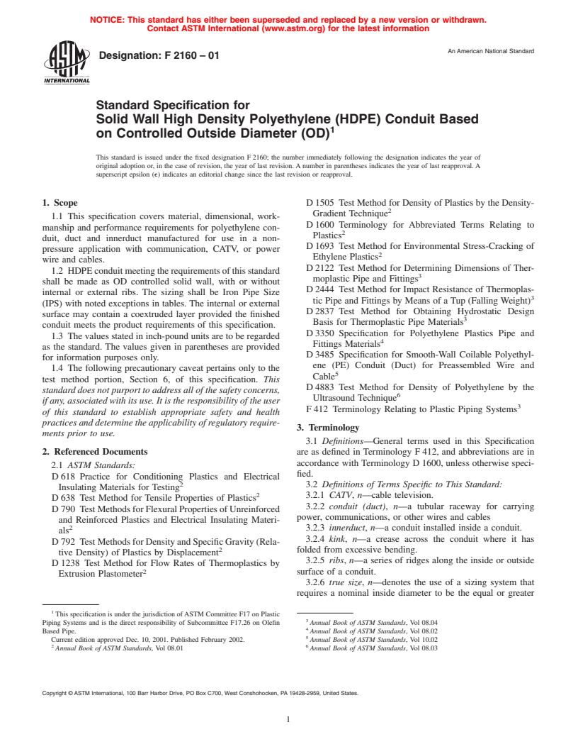 ASTM F2160-01 - Standard Specification for Solid Wall High Density Polyethylene (HDPE) Conduit Based on Controlled Outside Diameter (OD)