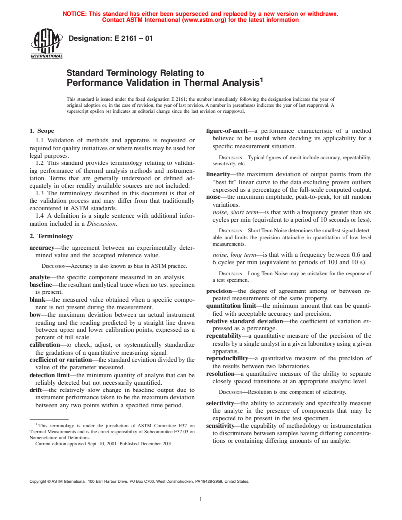 ASTM E2161-01 - Standard Terminology Relating to Performance Validation in Thermal Analysis