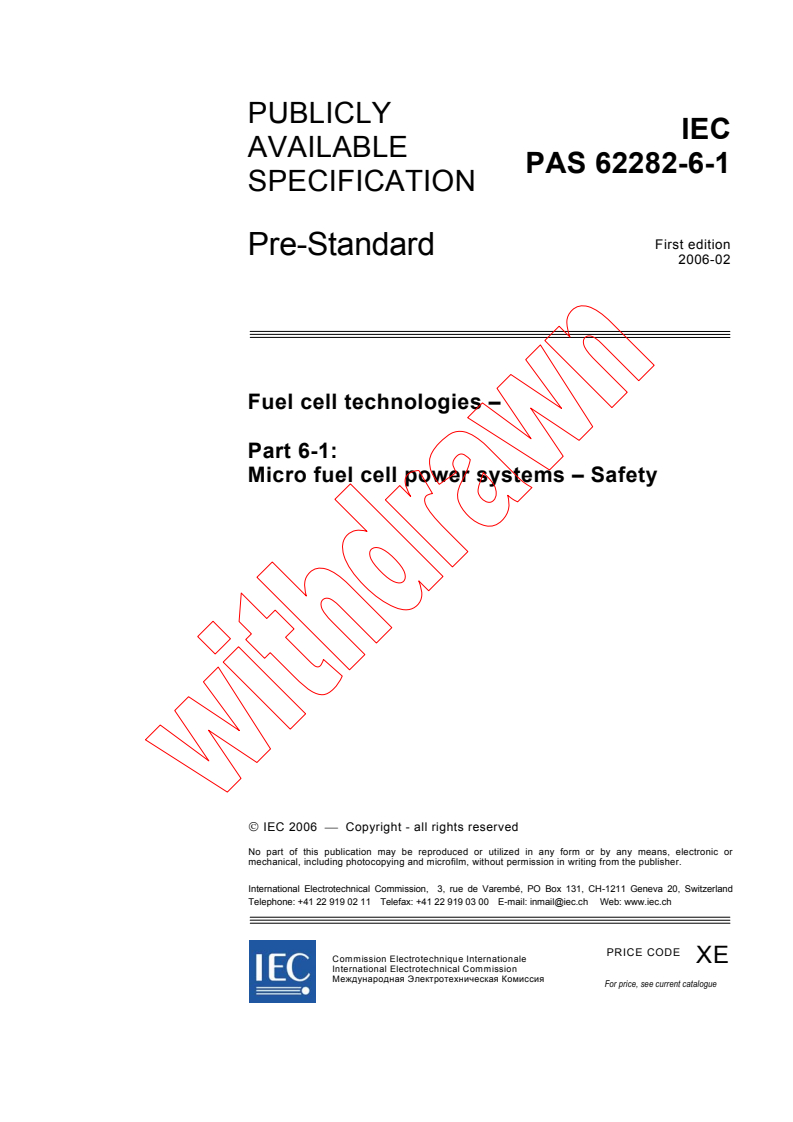 IEC PAS 62282-6-1:2006 - Fuel cell technologies - Part 6-1: Micro fuel cell power systems - Safety
Released:2/23/2006
Isbn:2831885345