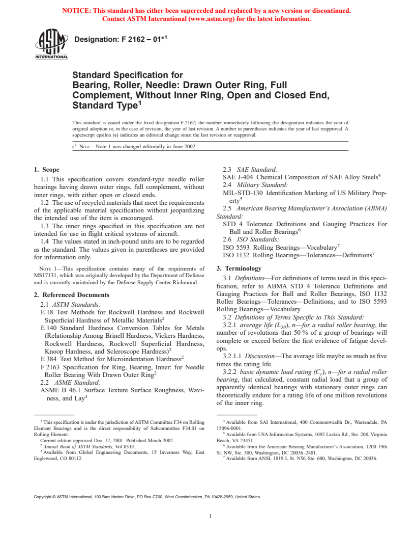 ASTM F2162-01e1 - Standard Specification for Bearing, Roller, Needle: Drawn Outer Ring, Full Complement, Without Inner Ring, Open and Closed End, Standard Type