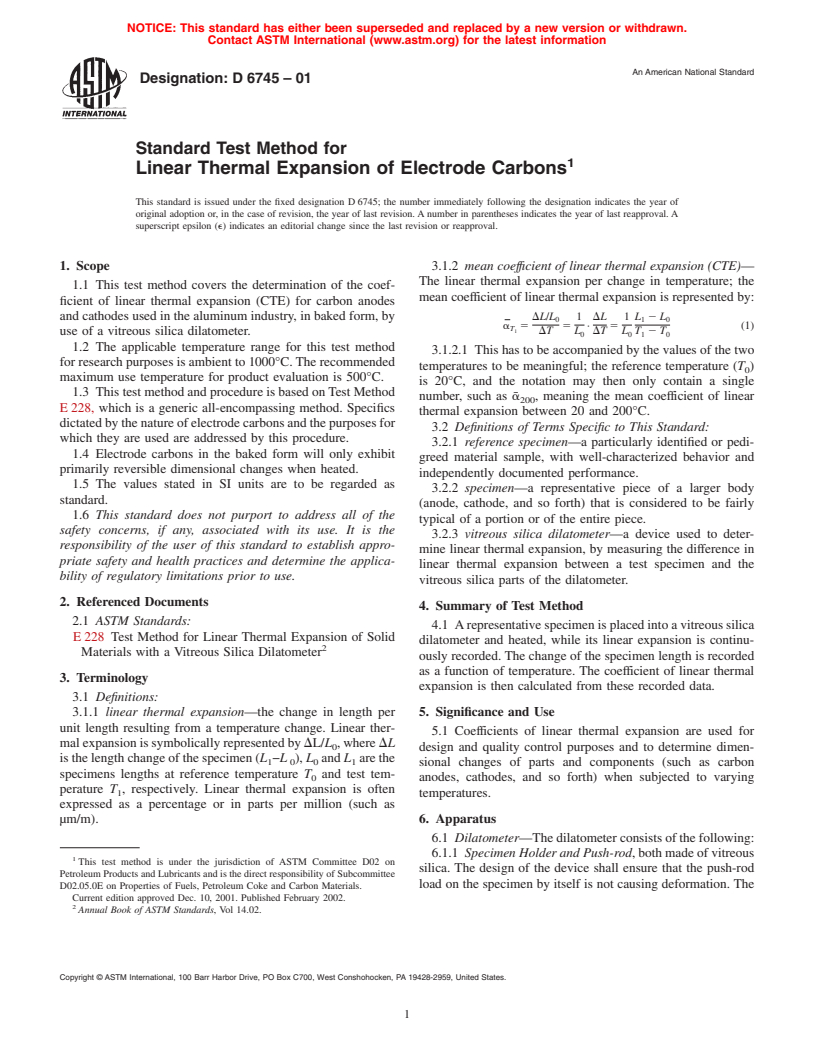 ASTM D6745-01 - Standard Test Method for Linear Thermal Expansion of Electrode Carbons