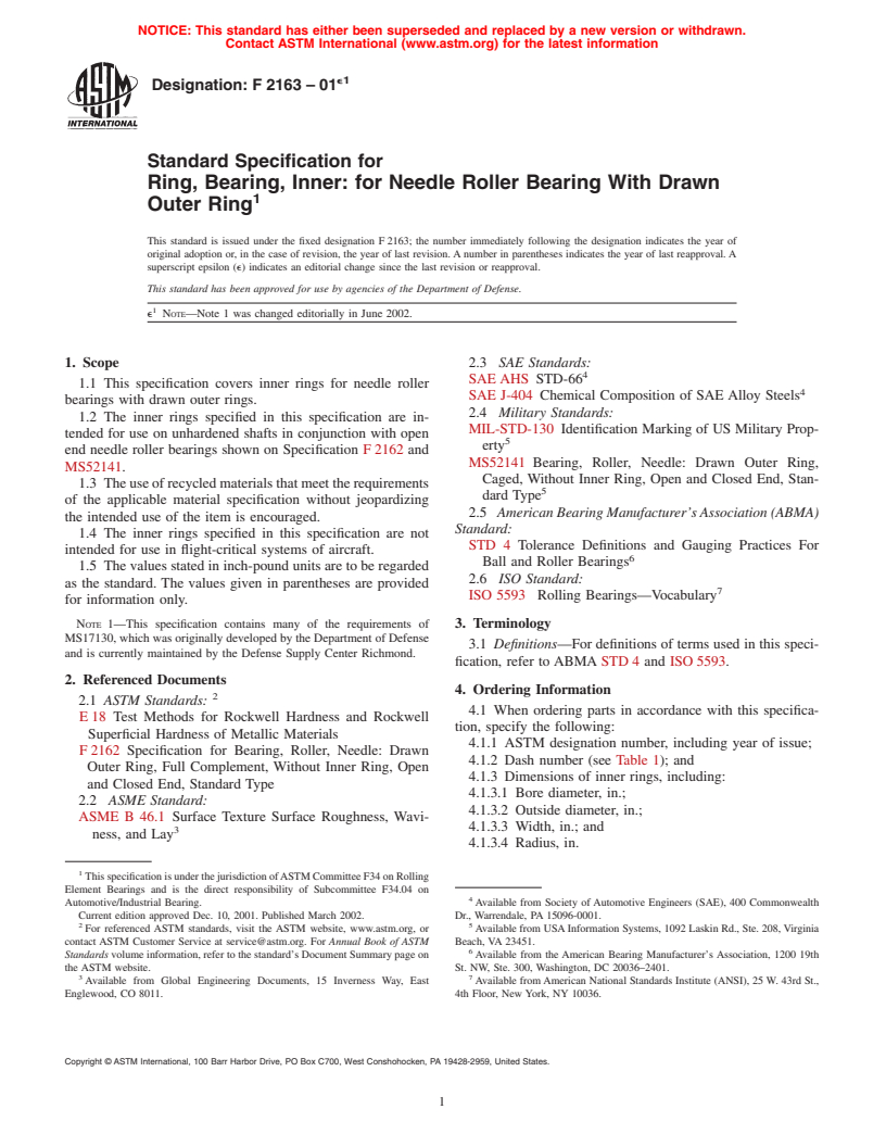 ASTM F2163-01e1 - Standard Specification for Ring, Bearing, Inner: for Needle Roller Bearing With Drawn Outer Ring