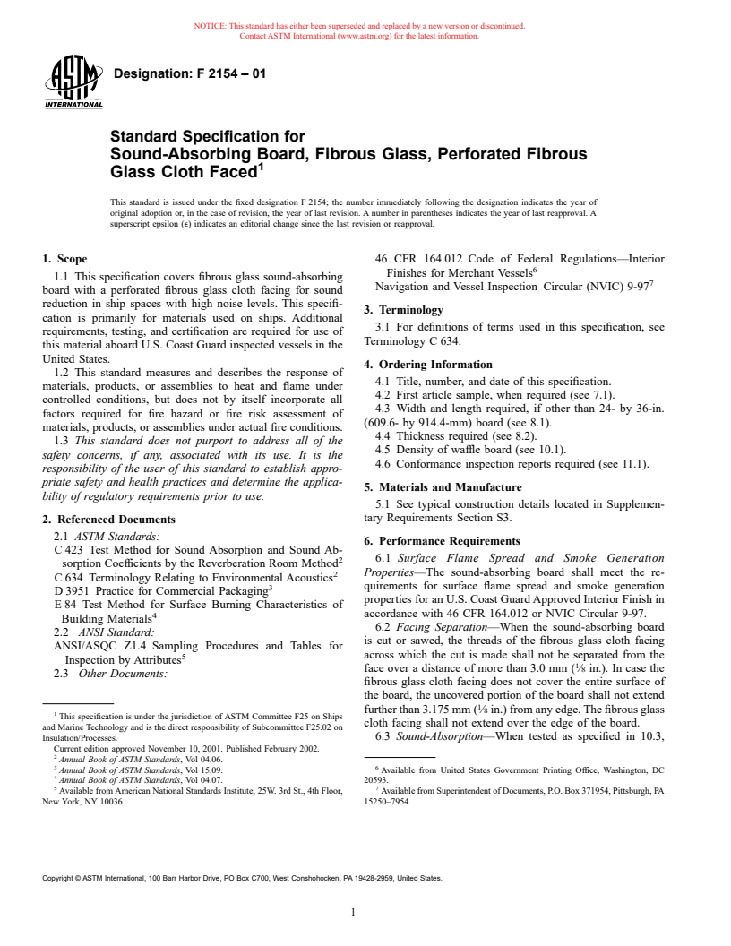 ASTM F2154-01 - Standard Specification for Sound-Absorbing Board, Fibrous Glass, Perforated Fibrous Glass Cloth Faced