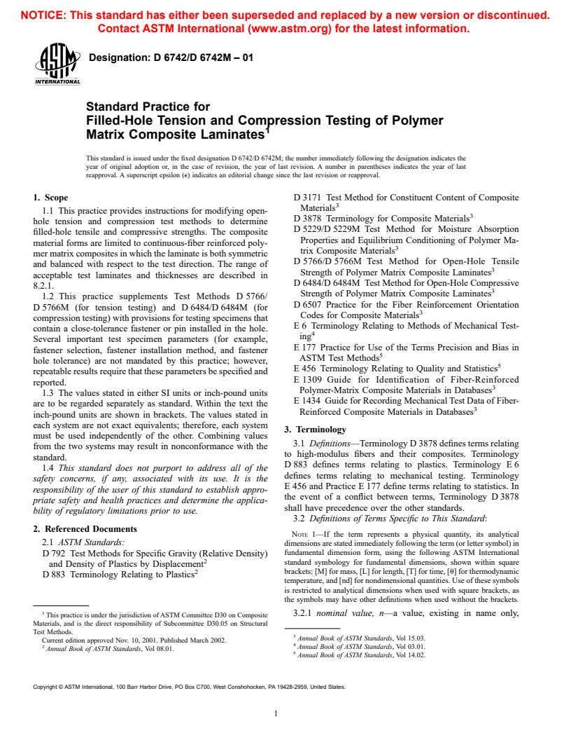 ASTM D6742/D6742M-01 - Standard Practice for Filled-Hole Tension and Compression Testing of Polymer Matrix Composite Laminates