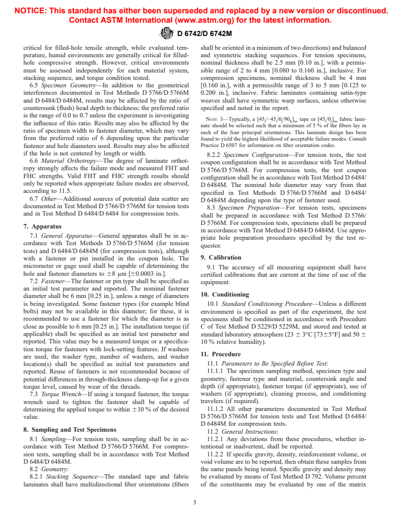 ASTM D6742/D6742M-01 - Standard Practice for Filled-Hole Tension and Compression Testing of Polymer Matrix Composite Laminates