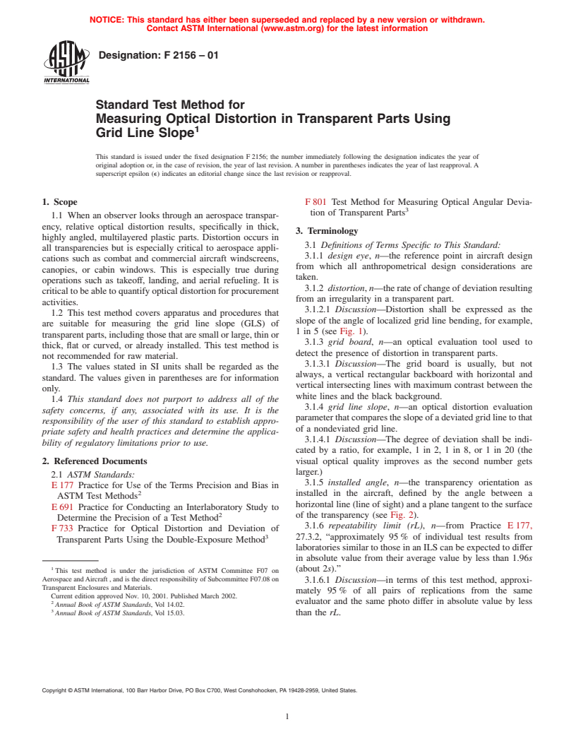 ASTM F2156-01 - Standard Test Method for Measuring Optical Distortion in Transparent Parts Using Grid Line Slope