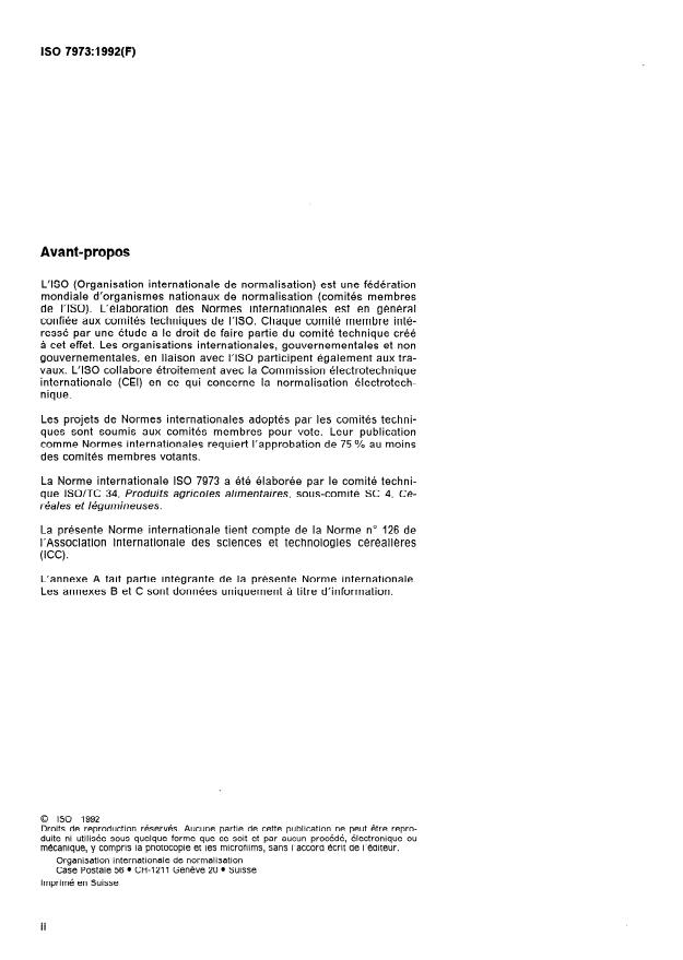 ISO 7973:1992 ISO 7973:1992 - Céréales et produits de mouture des céréales -- Détermination de la viscosité de la farine -- Méthode utilisant un amylographe - Page 2 preview