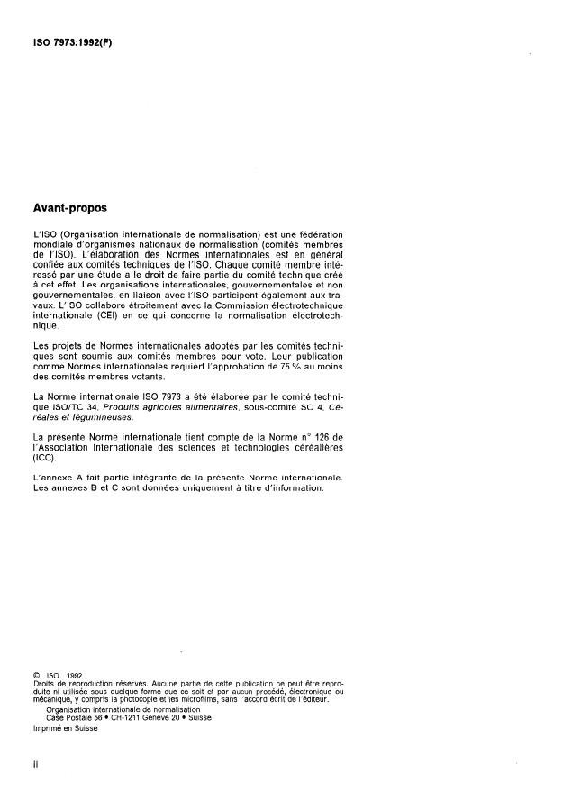 ISO 7973:1992 ISO 7973:1992 - Céréales et produits de mouture des céréales -- Détermination de la viscosité de la farine -- Méthode utilisant un amylographe - Page 2 preview