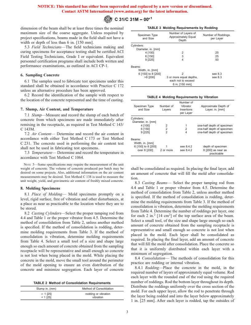 ASTM C31/C31M-00e1 - Standard Practice for Making and Curing Concrete Test Specimens in the Field