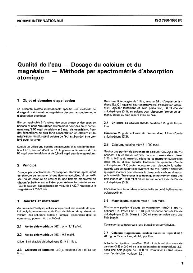 ISO 7980:1986 - Qualité de l'eau -- Dosage du calcium et du magnésium -- Méthode par spectrométrie d'absorption atomique