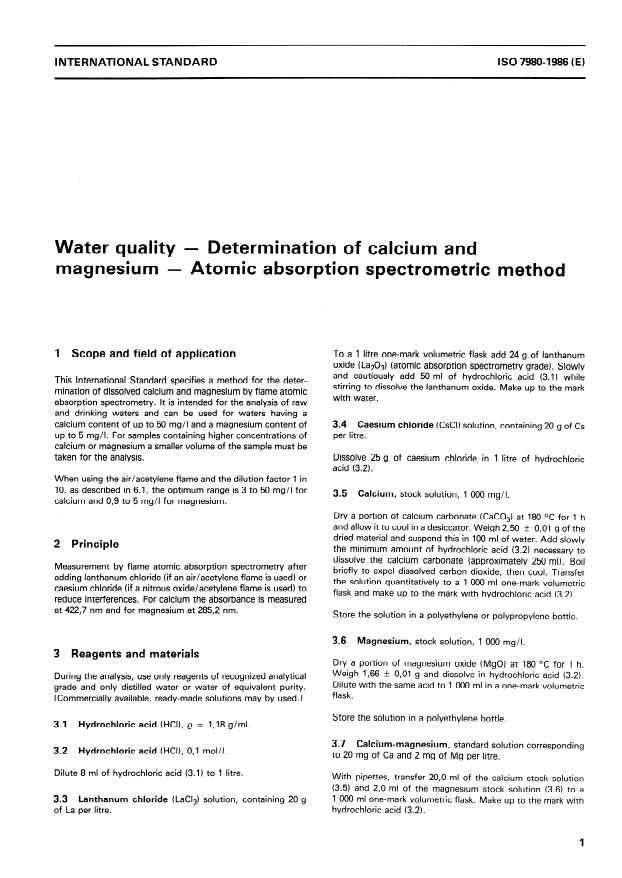 ISO 7980:1986 - Water quality -- Determination of calcium and magnesium -- Atomic absorption spectrometric method