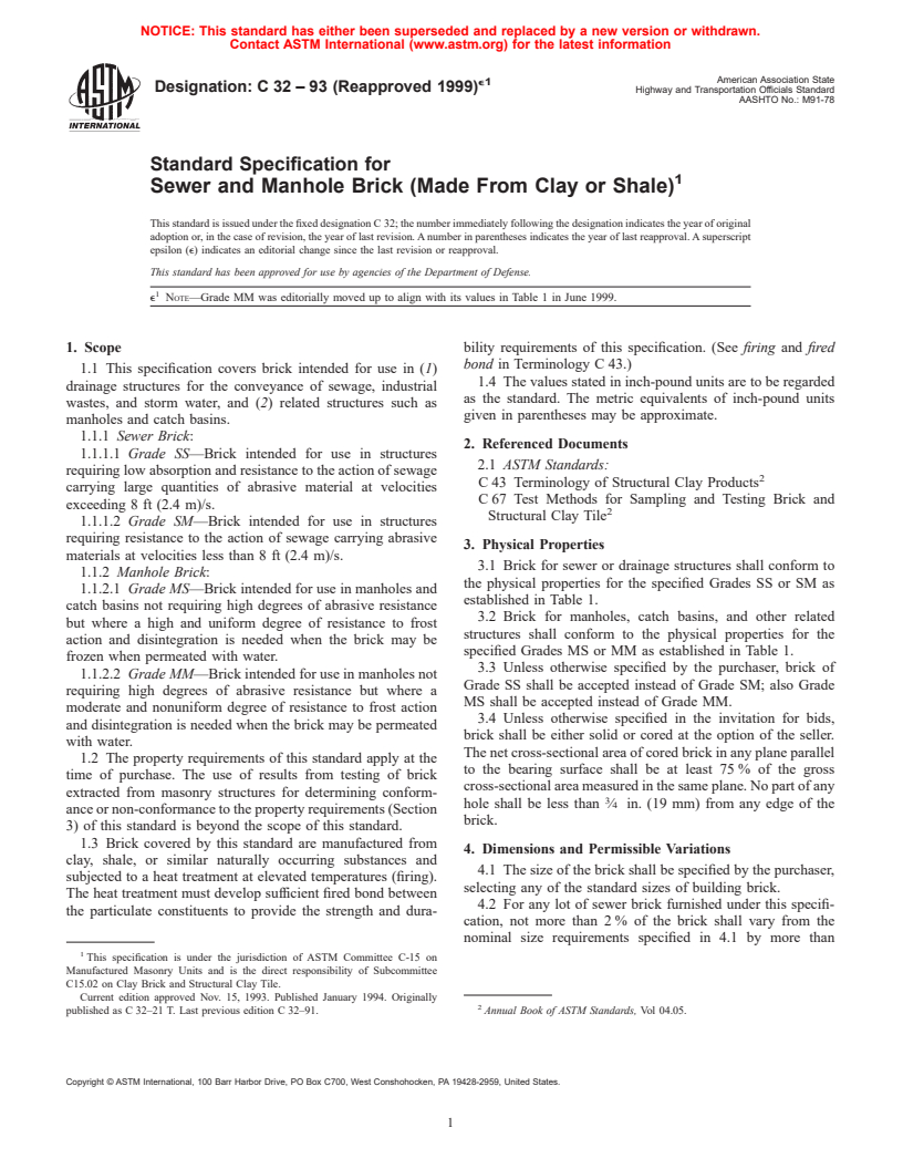 ASTM C32-93(1999)e1 - Standard Specification for Sewer and Manhole Brick (Made From Clay or Shale)