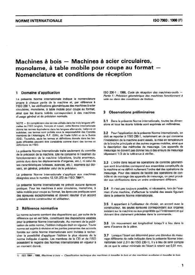 ISO 7983:1988 - Machines a bois -- Machines a scier circulaires, monolame, a table mobile pour coupe au format -- Nomenclature et conditions de réception