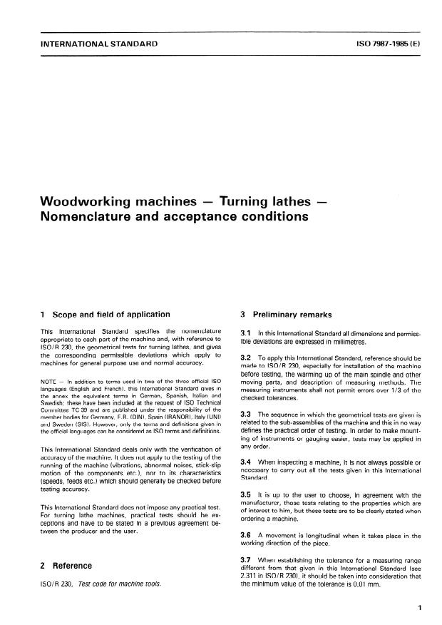 ISO 7987:1985 - Woodworking machines -- Turning lathes -- Nomenclature and acceptance conditions