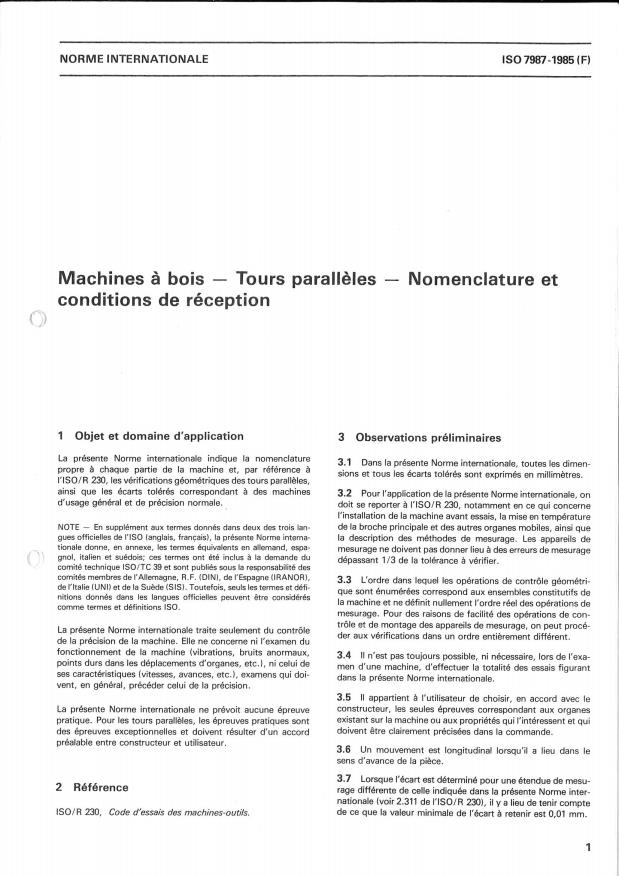 ISO 7987:1985 - Machines a bois -- Tours paralleles -- Nomenclature et conditions de réception