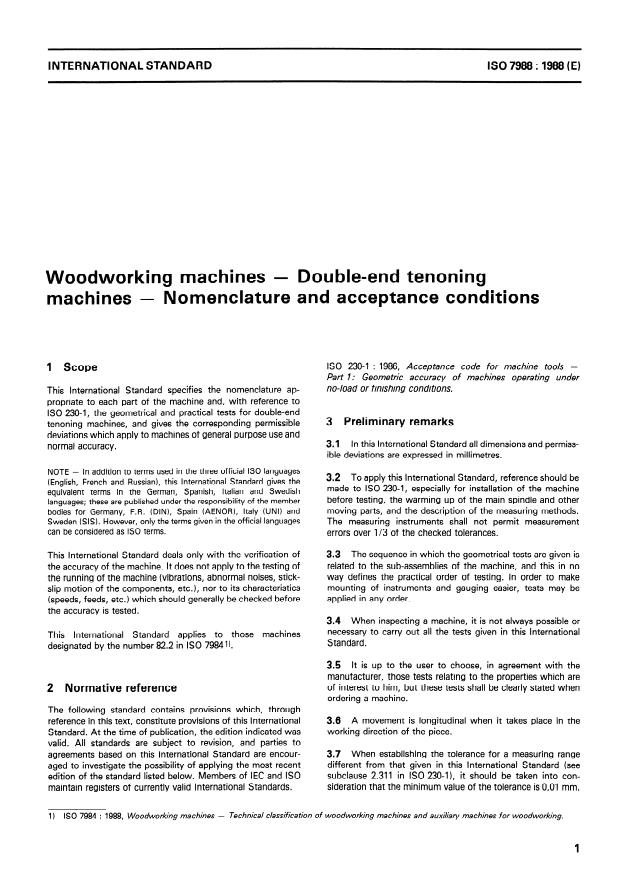 ISO 7988:1988 - Woodworking machines -- Double-end tenoning machines -- Nomenclature and acceptance conditions