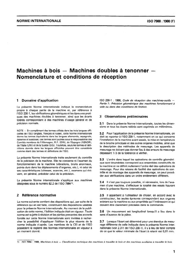 ISO 7988:1988 - Machines a bois -- Machines doubles a tenonner -- Nomenclature et conditions de réception