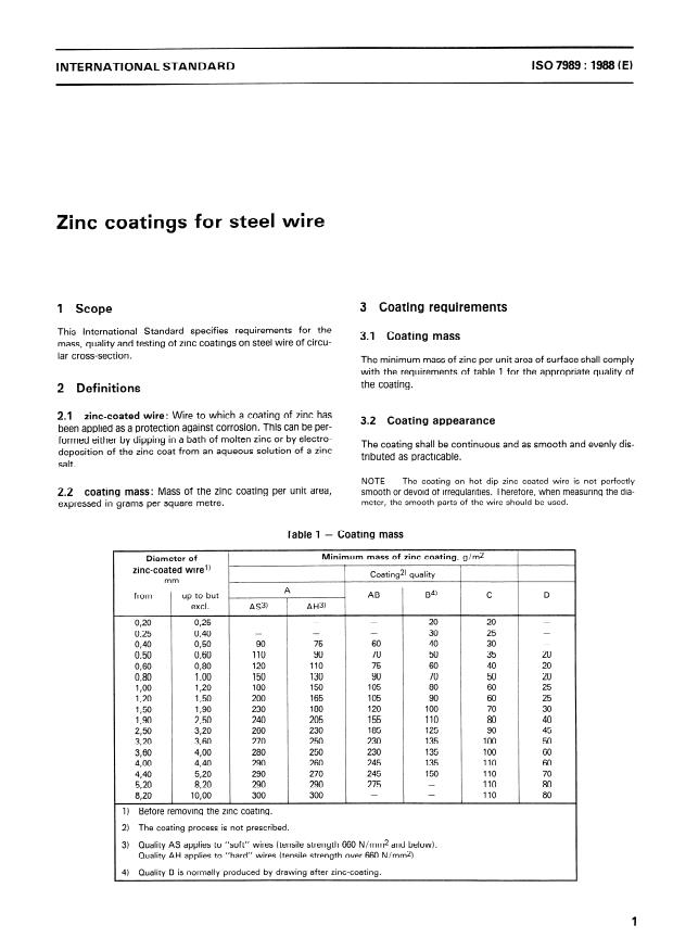ISO 7989:1988 - Zinc coatings for steel wire