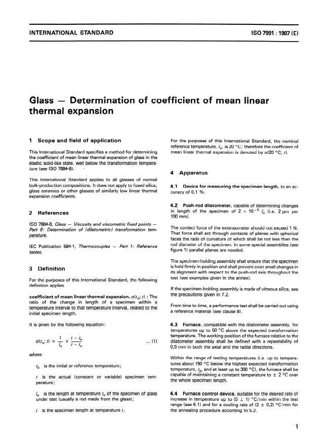 ISO 7991:1987 - Glass -- Determination of coefficient of mean linear thermal expansion