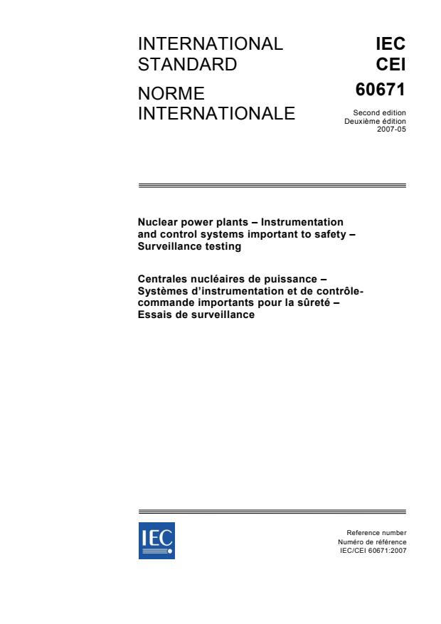 IEC 60671:2007 - Nuclear power plants - Instrumentation and control systems important to safety - Surveillance testing