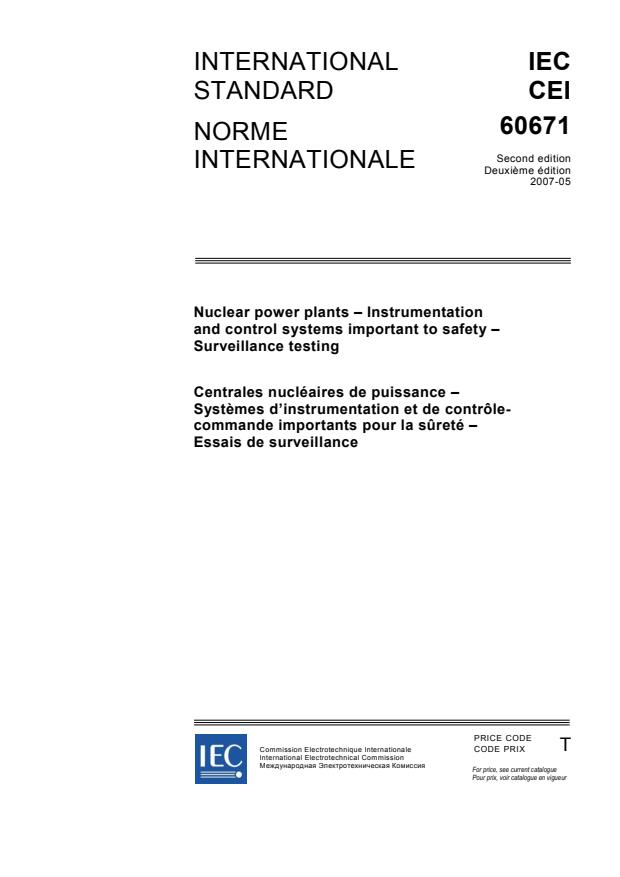IEC 60671:2007 - Nuclear power plants - Instrumentation and control systems important to safety - Surveillance testing