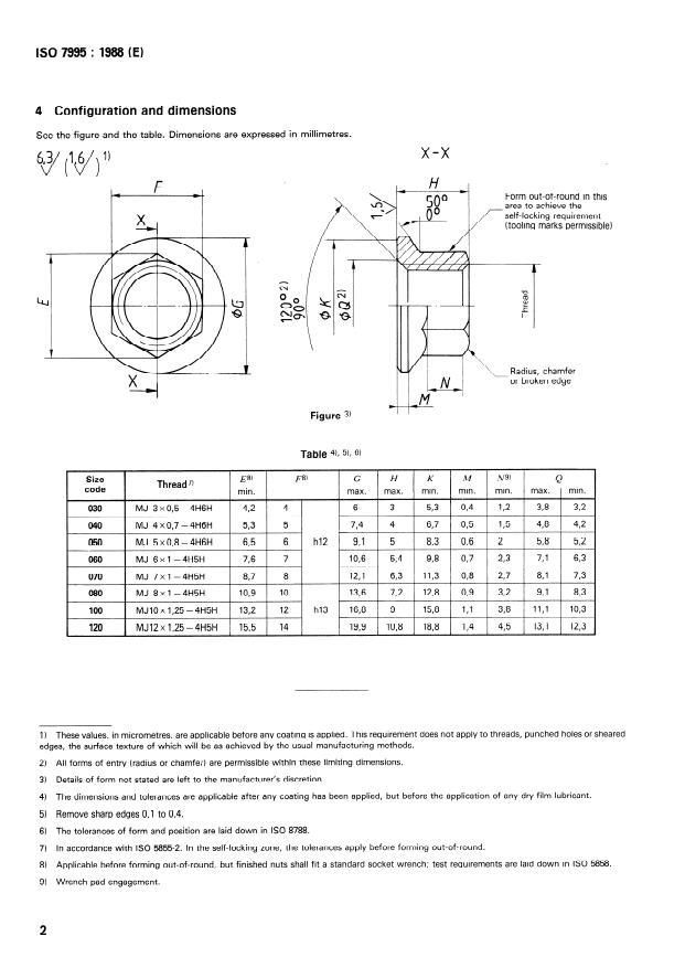 ISO 7995:1988 ISO 7995:1988 - Aerospace -- Nuts, hexagonal, self-locking, with MJ threads, coated or uncoated, classification 1 100 MPa/235 degrees C, 1 100 MPa/315 degrees C or 1 100 MPa/425 degrees C -- Dimensions - Page 4 preview