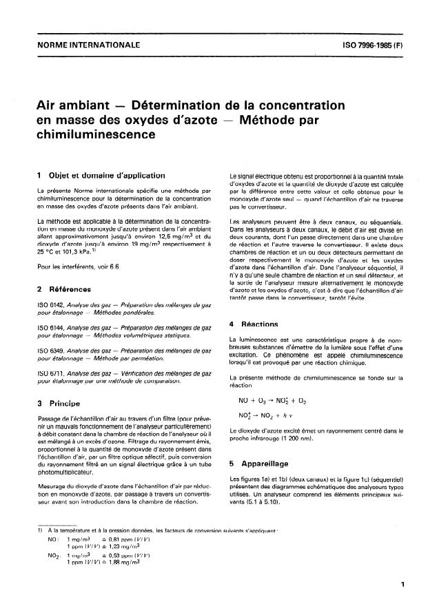 ISO 7996:1985 - Air ambiant -- Détermination de la concentration en masse des oxydes d'azote -- Méthode par chimiluminescence