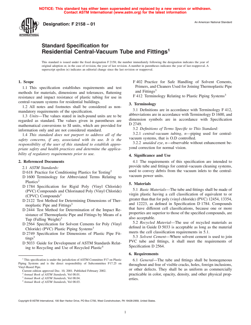 ASTM F2158-01 - Standard Specification for Residential Central-Vacuum Tube and Fittings