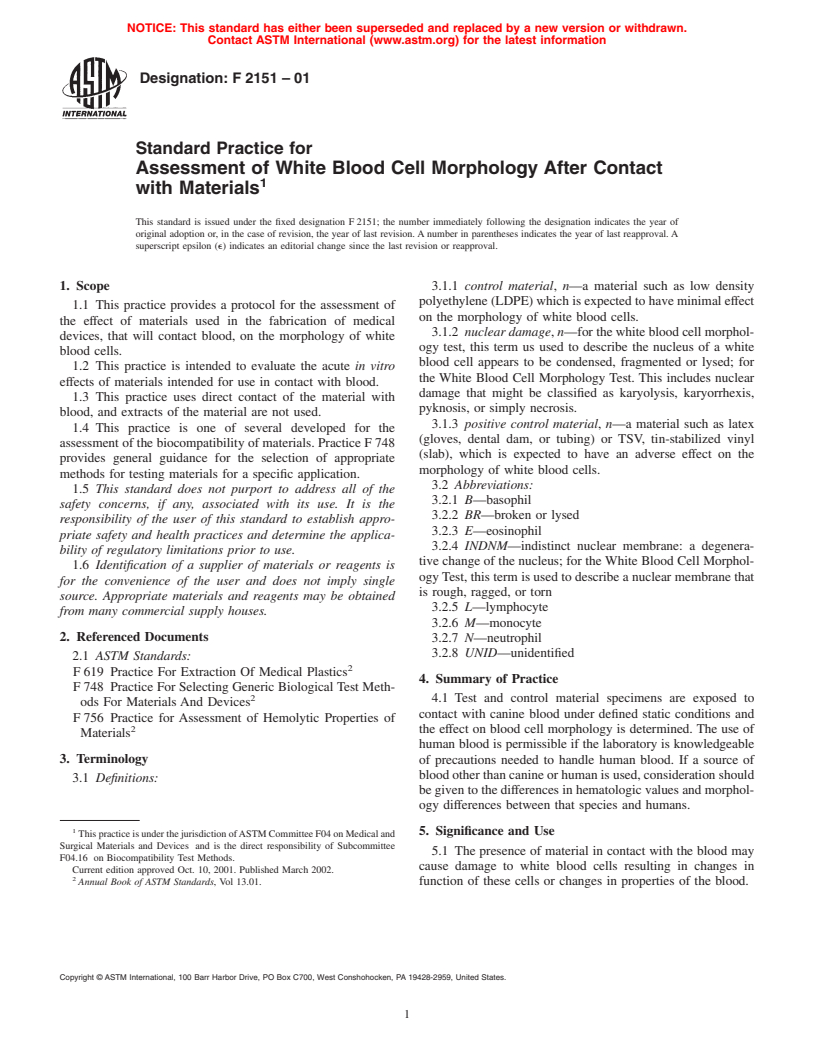 ASTM F2151-01 - Standard Practice for Assessment of White Blood Cell Morphology After Contact with Materials (Withdrawn 2007)