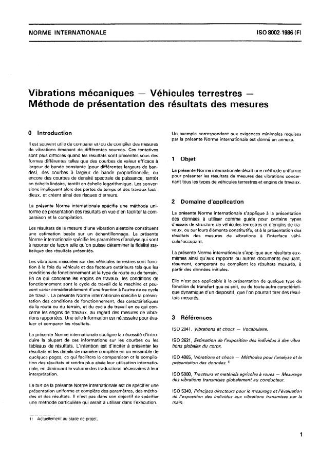 ISO 8002:1986 - Vibrations mécaniques -- Véhicules terrestres -- Méthode de présentation des résultats des mesures